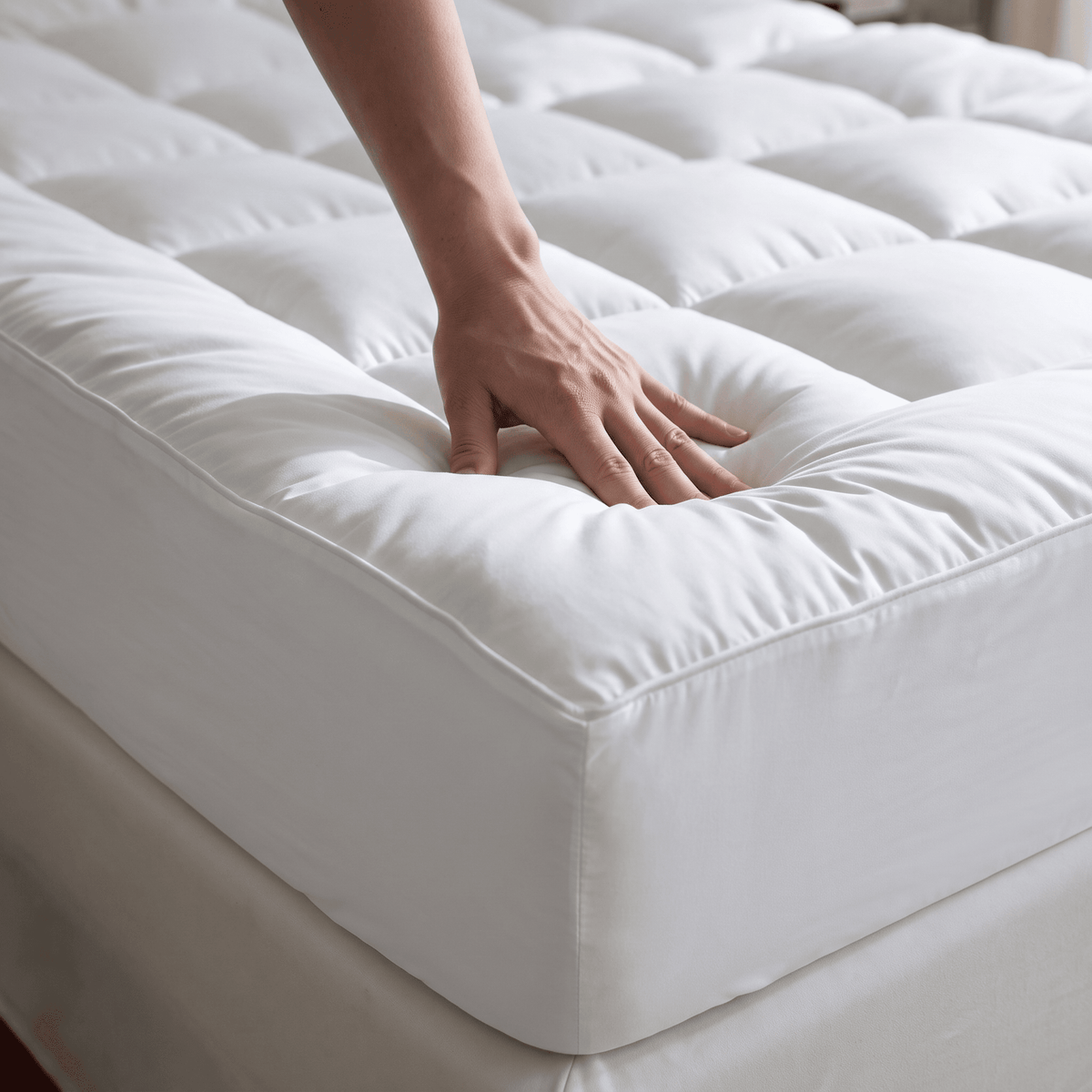The Khozy™ Reverie Mattress Topper made up on a bed in a bright bedroom