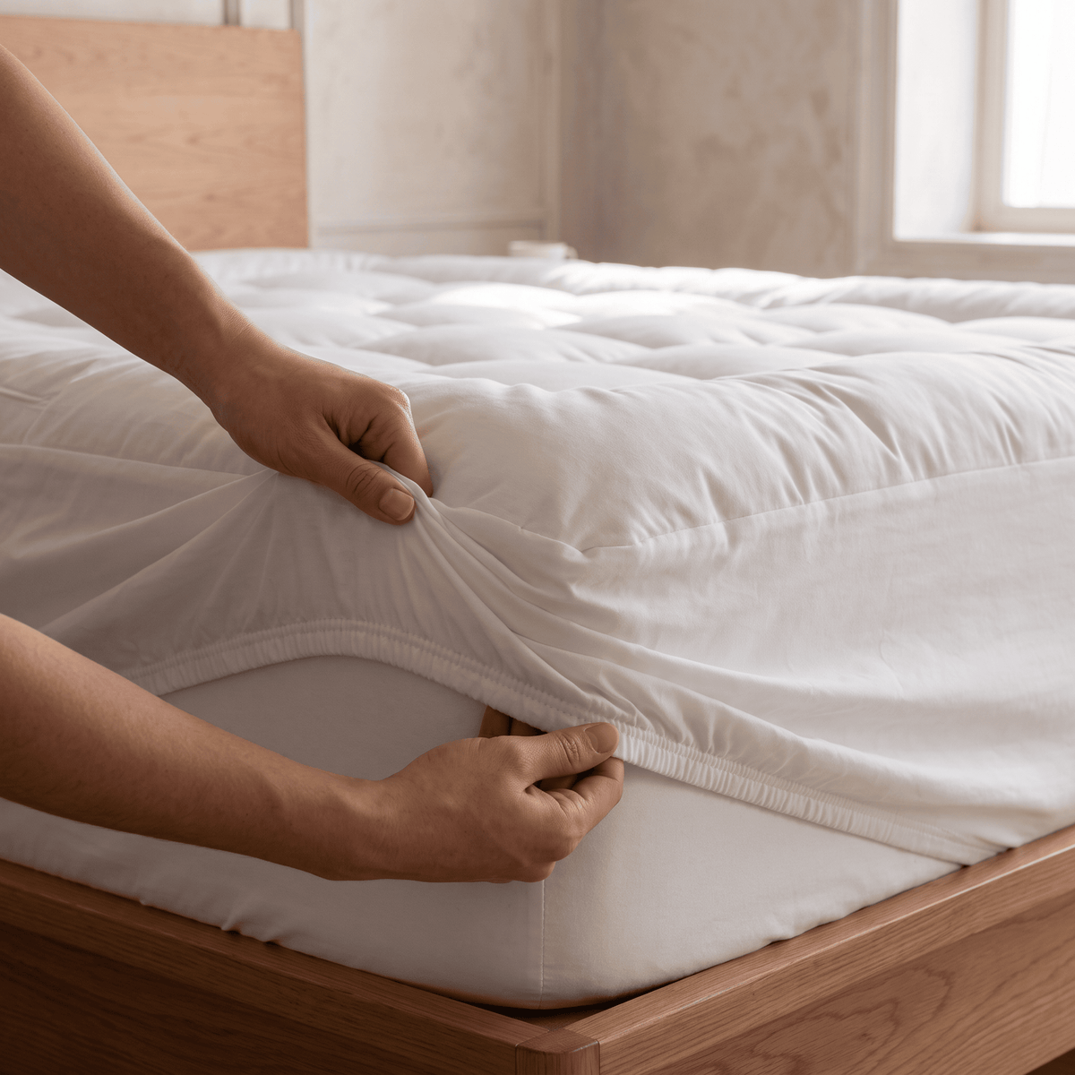 The Khozy™ Reverie Mattress Topper with its elasticated skirt stretched over a mattress corner