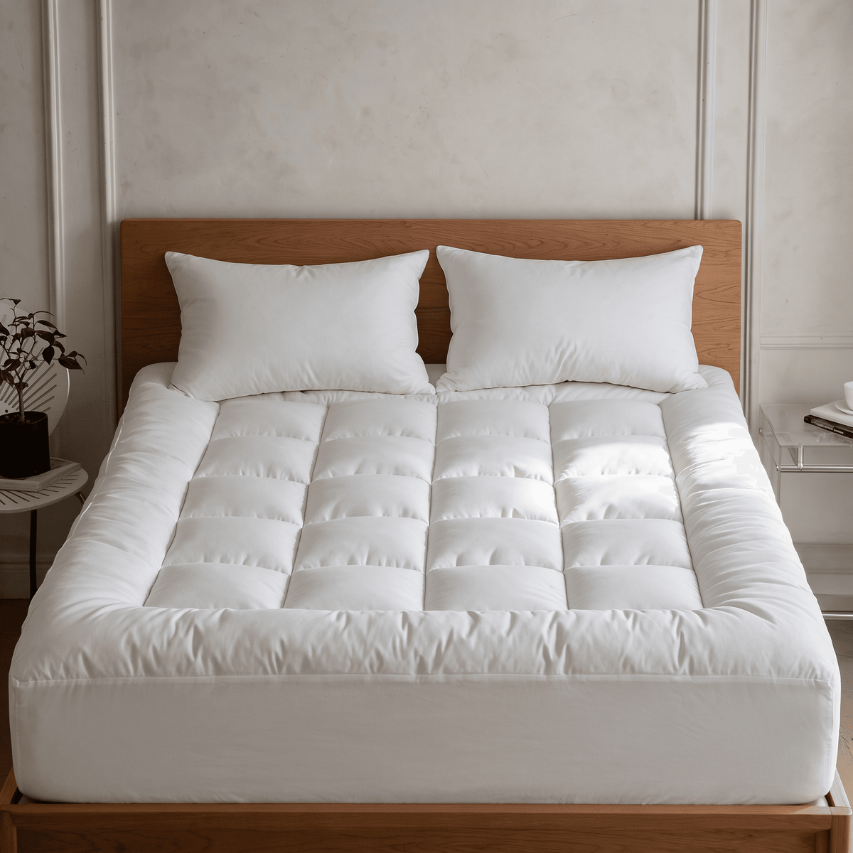 The Khozy™ Reverie Mattress Topper on a bed, showing the box-quilted pillowtop