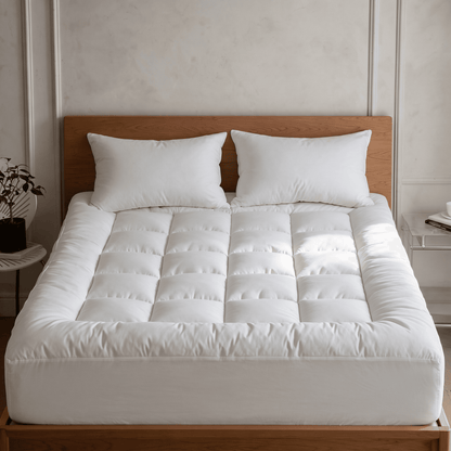 The Khozy™ Reverie Mattress Topper on a bed, showing the box-quilted pillowtop