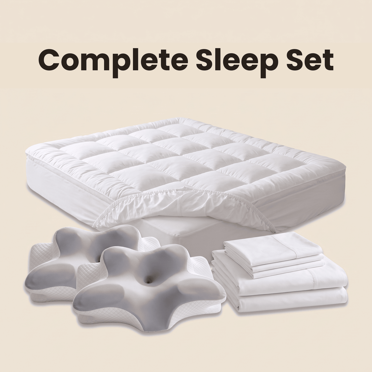 The Khozy™ Reverie Complete Sleep Set — mattress topper, two support pillows and bed linen