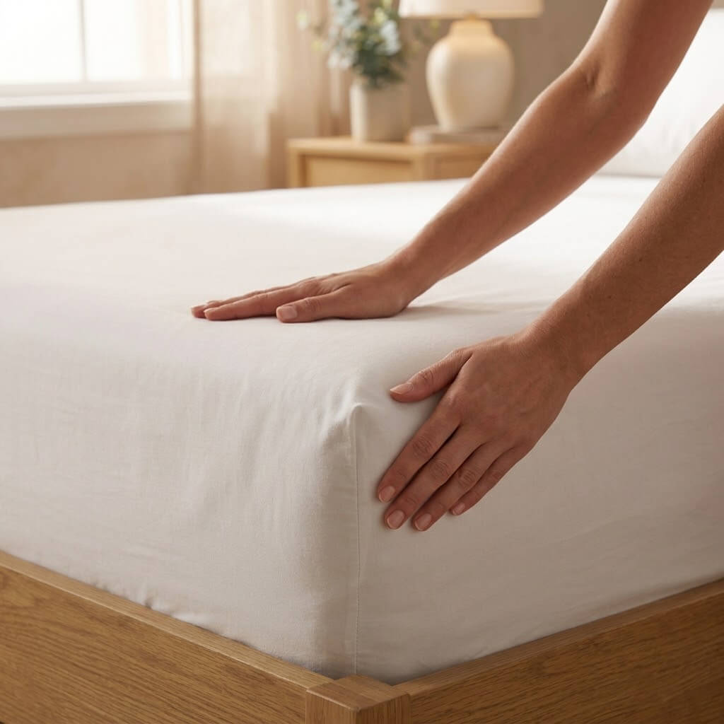 Hands smoothing the fitted sheet over a mattress corner, showing the deep wall stretching down the side
