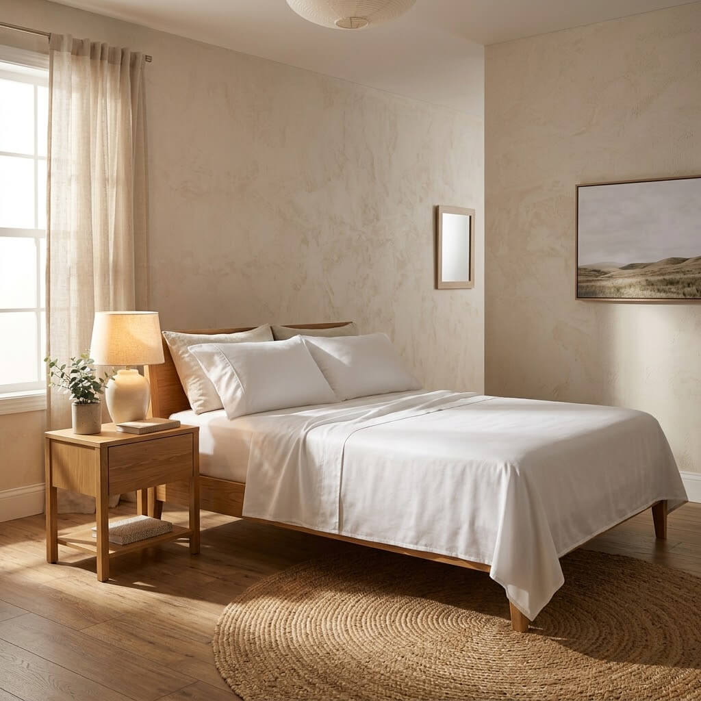 The white sheet set on a made bed in a warm neutral bedroom, seen from across the room