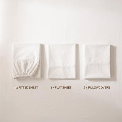 What is included, laid out flat: one fitted sheet, one flat sheet and two pillowcases in white